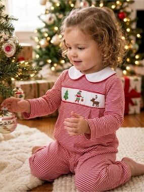 Smockingbird Classic Red Stripe Kids Christmas Peter Pan Collar Holiday Romper 2